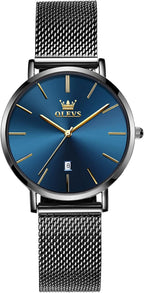 OLEVS Reloj de pulsera de malla para mujer, elegante cara grande de tres manecillas analógicas de cuarzo, reloj de pulsera femenino elegante y delgado con pantalla de fecha impermeable, relojes para
