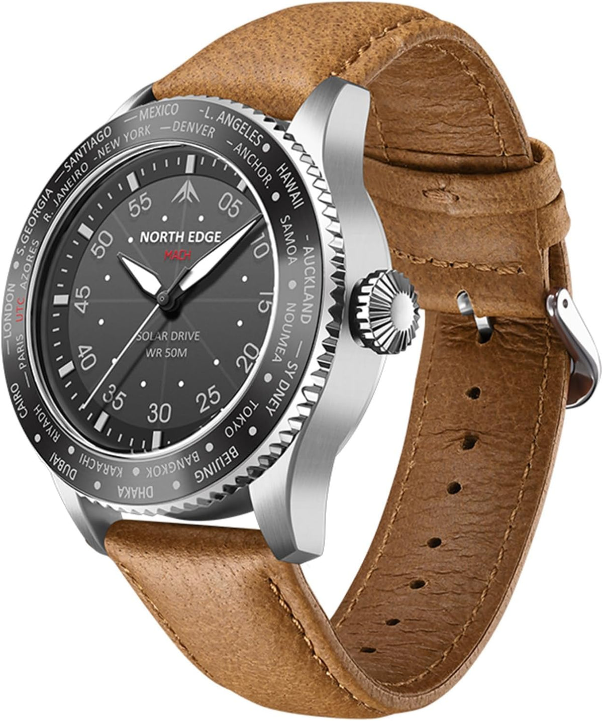 Reloj Solar Pilot para Hombre NORTH EDGE - Movimiento de Cuarzo, Cristal Mineral, Correa de Cuero Ligera y Duradera, Modelo: MACH