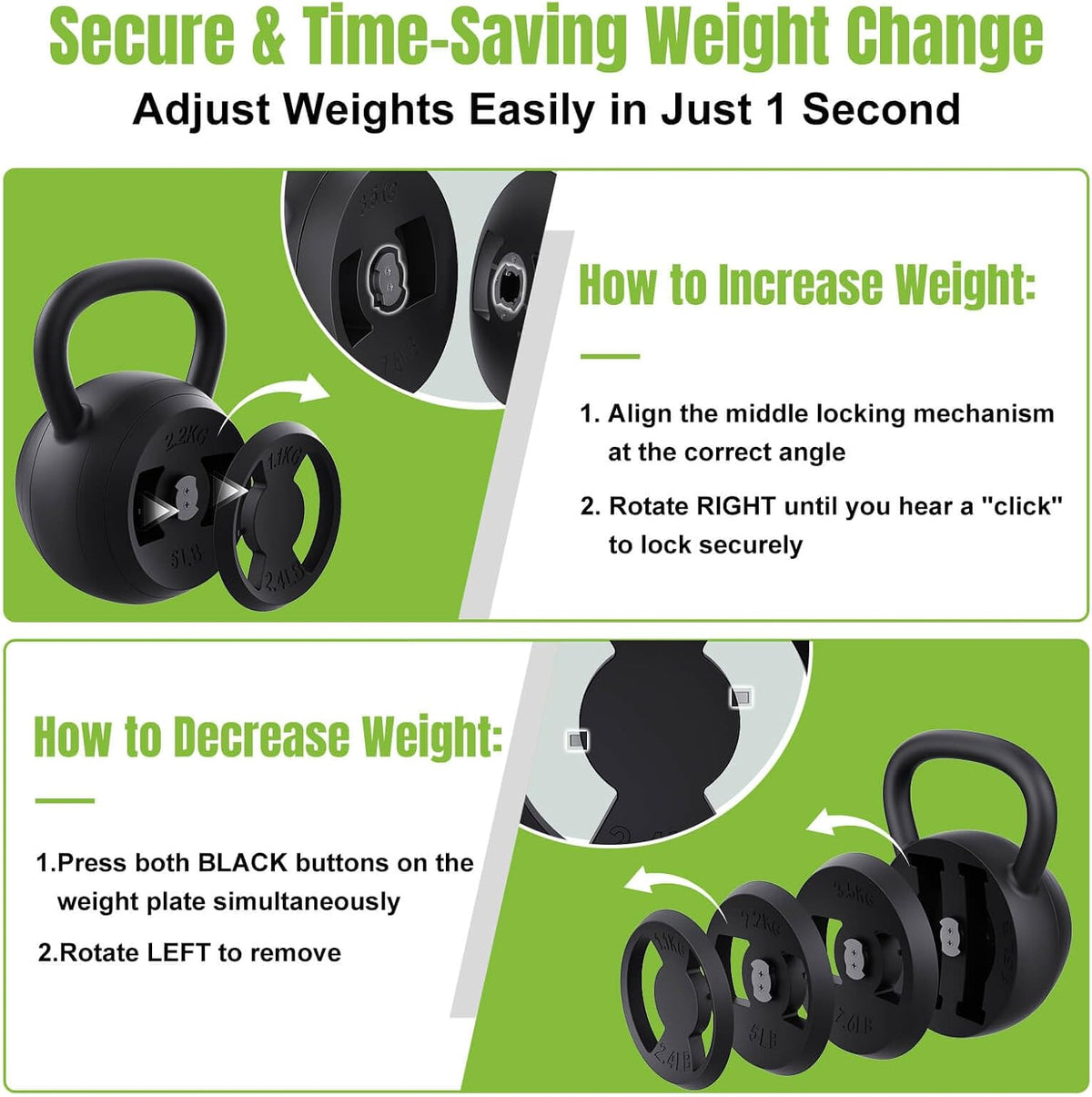 Pesa rusa ajustable 2 en 1, juego de pesas rusas de 15 a 45 libras con agarre ancho, pesas de mancuernas de 4.8 a 30 libras para entrenamiento de fuerza en el gimnasio en casa