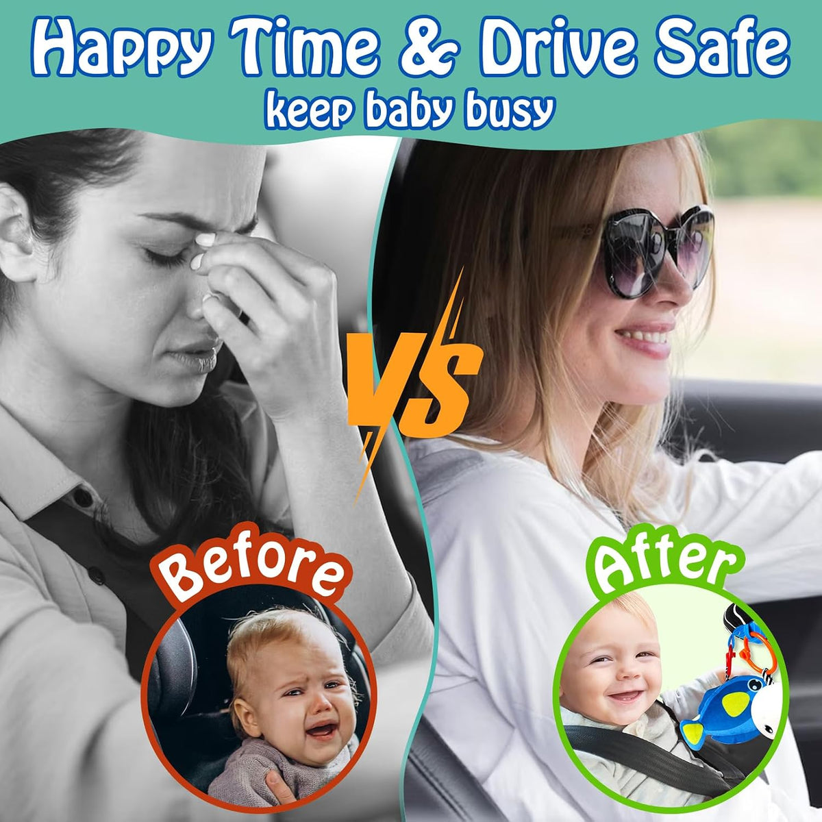 Asiento de coche para bebé, juguetes de animales del océano, juguete de doble cara para asiento de automóvil infantil con juguetes de peluche, espejo, mordedor para actividades de viaje de bebé, regalos de cumpleaños de Navidad, juguete para recién