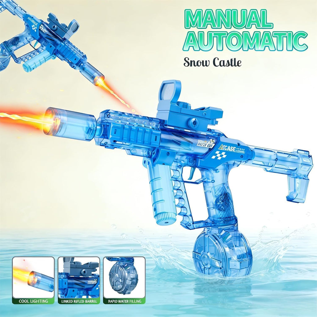 Pistola de agua eléctrica, cargador de 10.8 fl oz, flash de bozal y soplado, agarre de mano giratorio, mira de punto rojo, acción extensible, piscina al aire libre, playa y patio trasero, para niños y