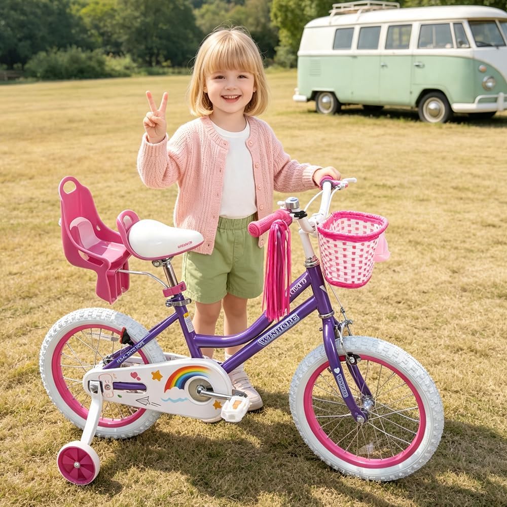 Bicicleta WinHope Fairy Girls con Asiento para Muñeca, Bicicleta Infantil de 12-20 Pulgadas para Edades 2-12