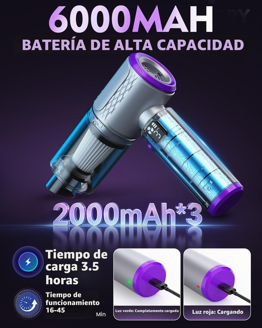 Aspirador de coche de mano 16KPa inalámbrico con pantalla LCD