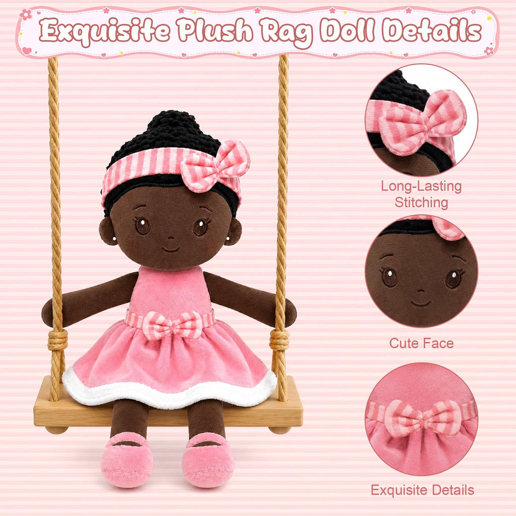 SQEQE Muñeca de bebé negra suave, muñecas de trapo de felpa de 11 pulgadas para regalo de cumpleaños de niña de 1 año, muñecas multiculturales para bebés afroamericanos, juguetes para bebés, niños