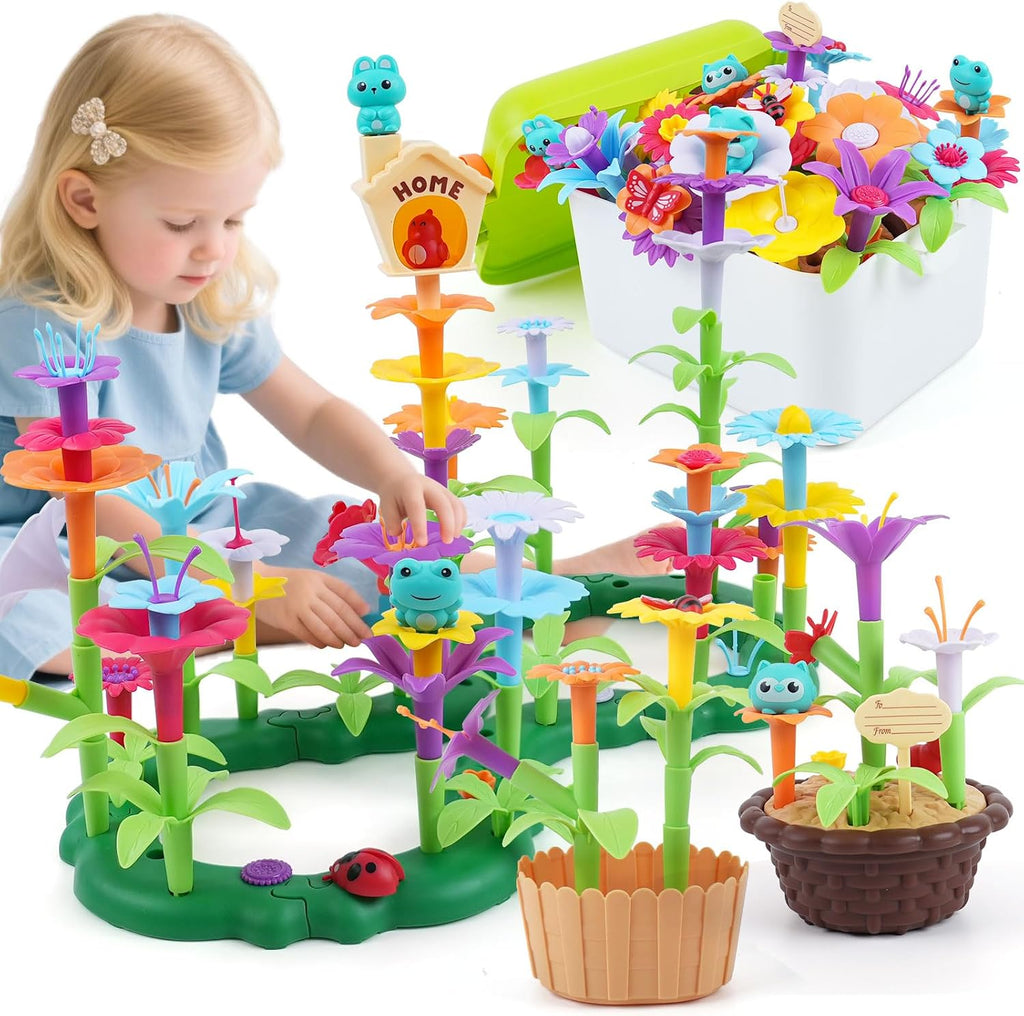 Juguete de construcción de jardín de flores para niñas, regalos de cumpleaños para niños preescolares de 3 a 5 a 7 años, juego educativo STEM con 140 piezas, kit de jardinería apilable para