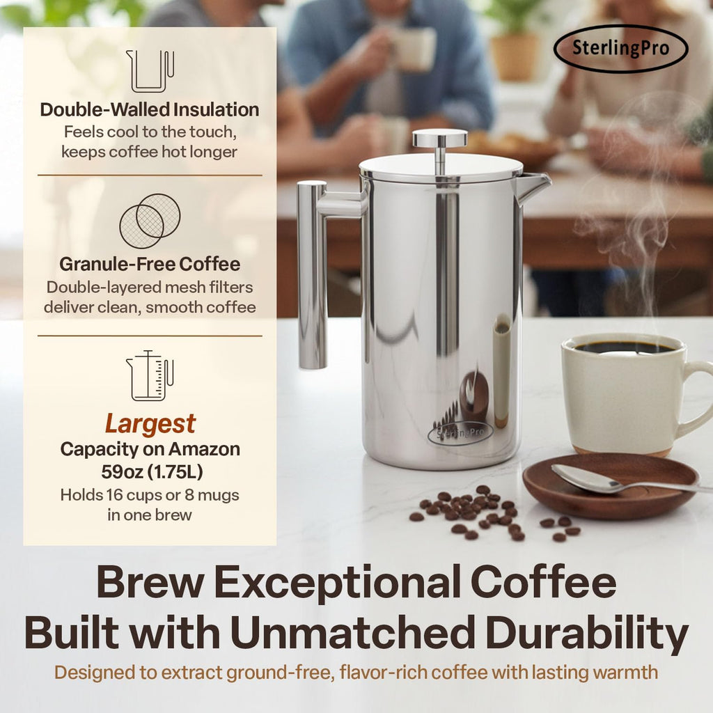 Prensa de café francesa de acero inoxidable y doble pared de SterlingPro., Acero inoxidable, acabado de espejo, 2L