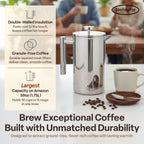 Prensa de café francesa de acero inoxidable y doble pared de SterlingPro., Acero inoxidable, acabado de espejo, 2L