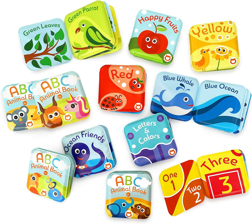 Juego de 12 libros de baño Super Bath (frutas, amigos del océano, ABC, libros de números; libros de baño de reconocimiento de color, incluyendo temas de color amarillo, verde, rojo y azul, libros de