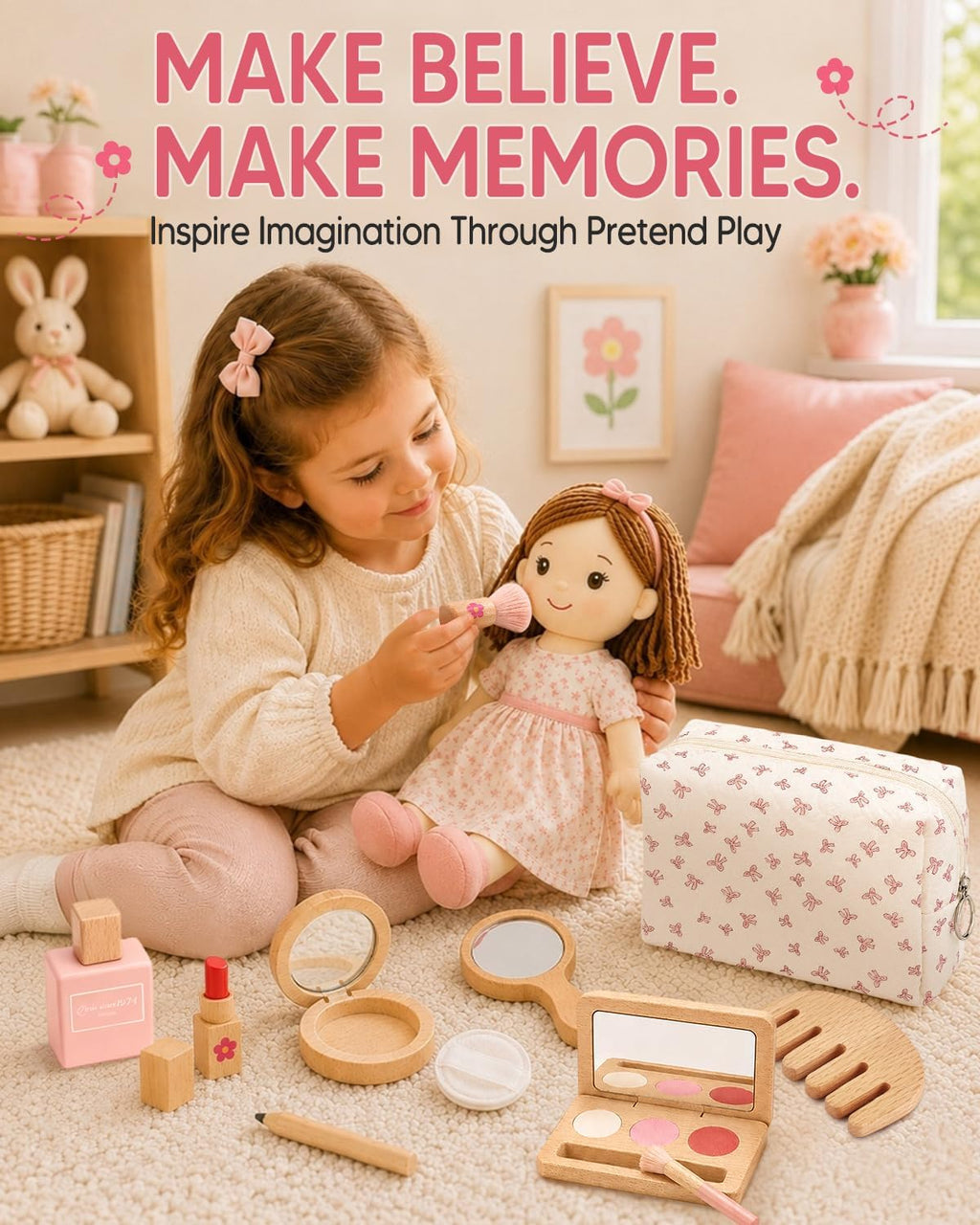 Kit de maquillaje de madera para niñas de 3 a 5 años, juego de maquillaje