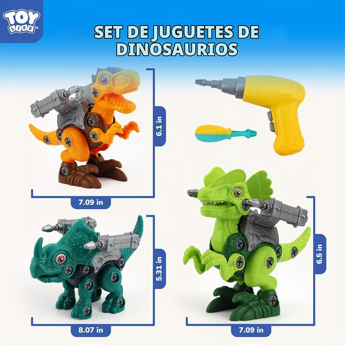 TOY Life Paquete de 3 juguetes de dinosaurio desmontables con herramienta