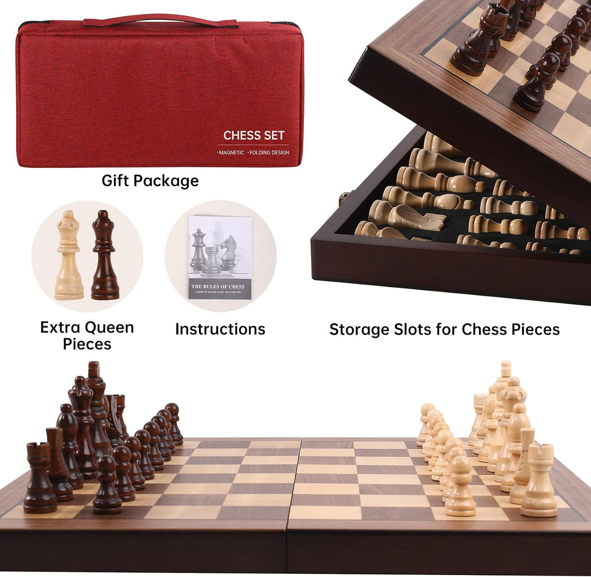 Juego de ajedrez magnético de madera plegable de 15 pulgadas, juego de ajedrez de viaje portátil con bolsa de tablero de ajedrez, juego de ajedrez para principiantes profesionales para torneos