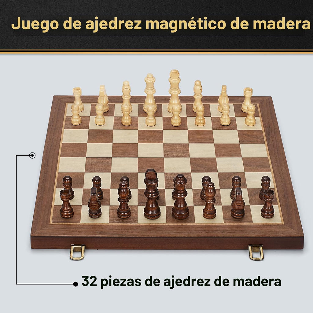 Juego de ajedrez magnético de madera, tablero de ajedrez plegable de 15 pulgadas con 2 ranuras de almacenamiento extra para reinas y piezas, juego de mesa de ajedrez de viaje portátil para adultos y