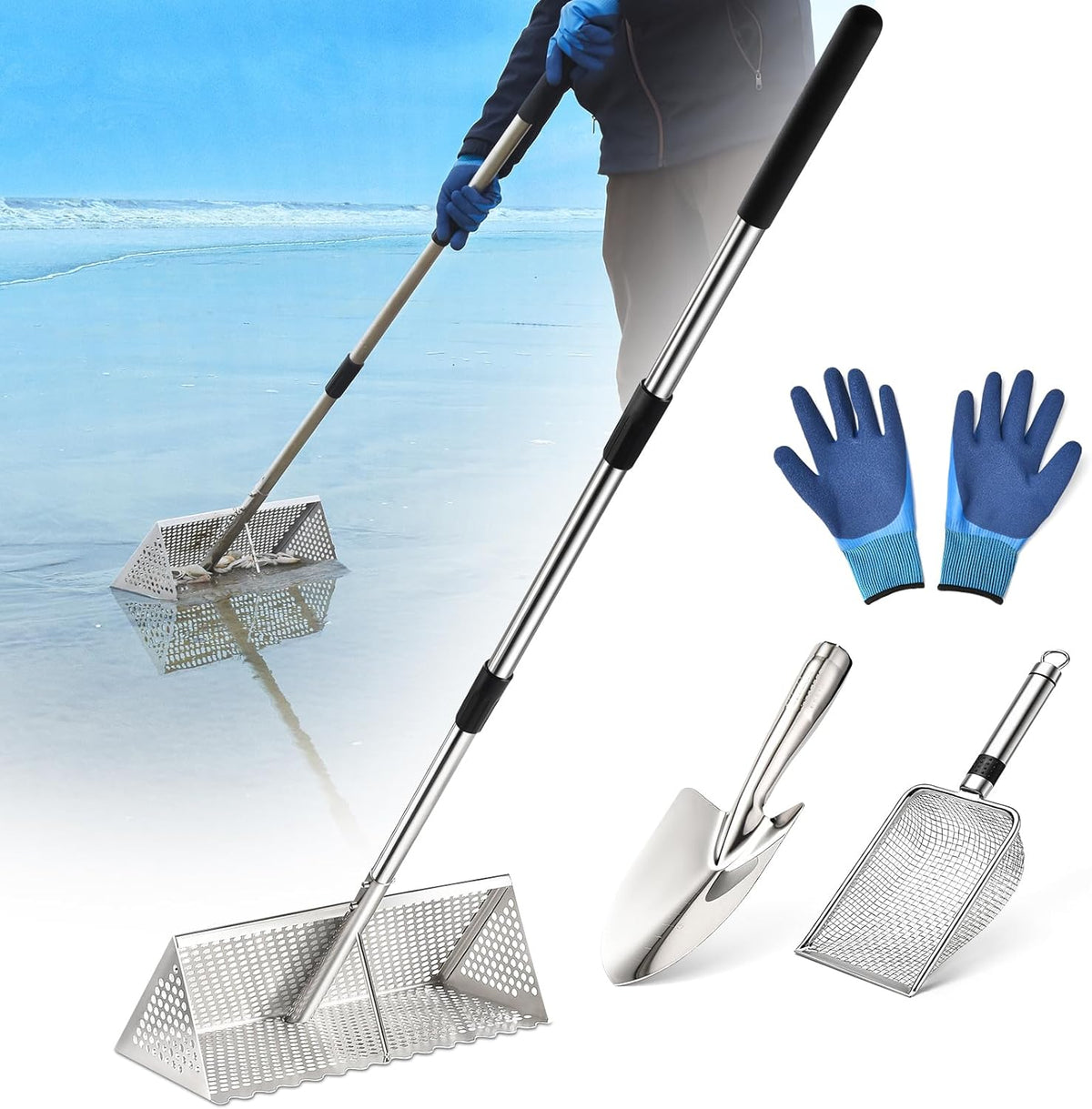 Rastrillo para pulgas de arena, tamiz de arena de mango largo para la playa, tamiz de dientes de tiburón de acero inoxidable viene con una pantalla de malla de 16 pulgadas de ancho para recoger pulgas