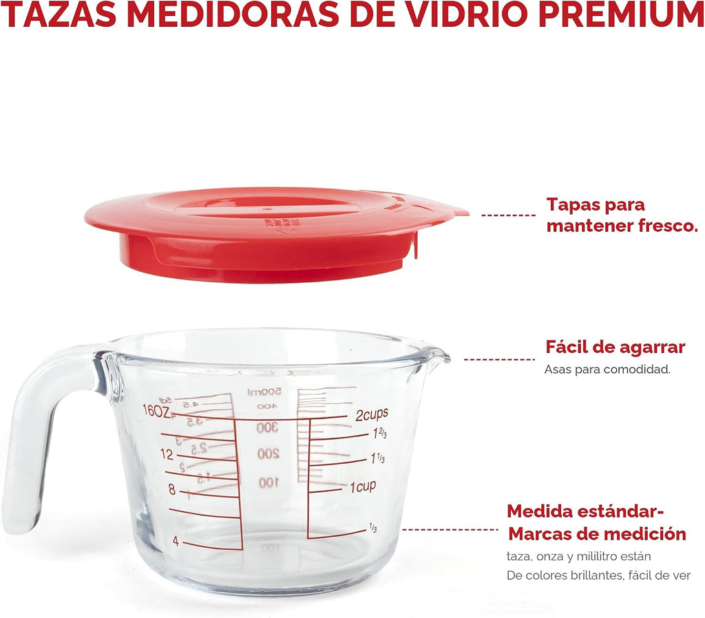 Juego de 6 tazas medidoras de vidrio con tapas (colador incluido) – 1 taza/2 tazas/4 tazas con asas de fácil agarre, medición de líquidos de cocina