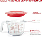 Juego de 6 tazas medidoras de vidrio con tapas (colador incluido) – 1 taza/2 tazas/4 tazas con asas de fácil agarre, medición de líquidos de cocina
