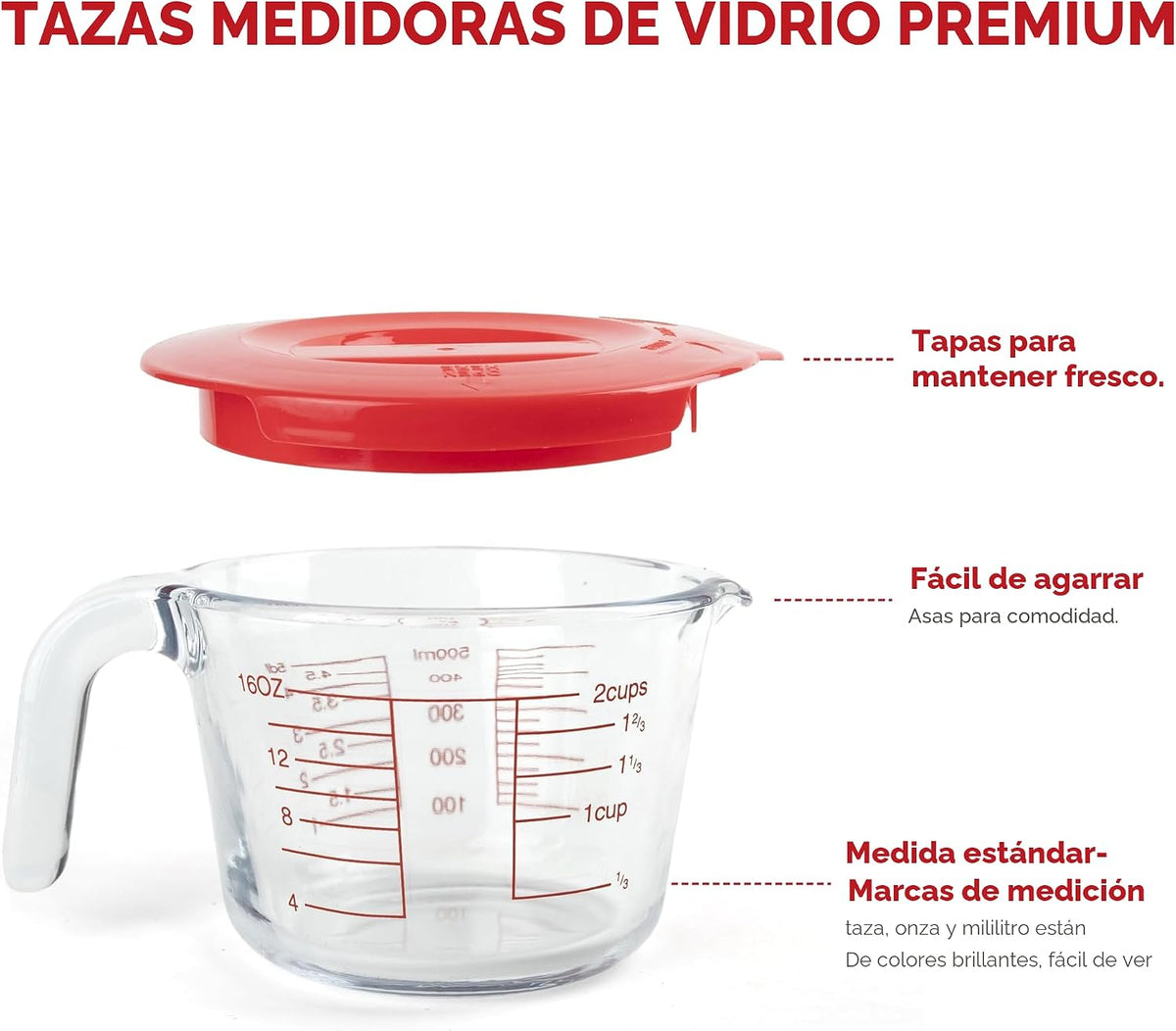 Juego de 6 tazas medidoras de vidrio con tapas (colador incluido) – 1 taza/2 tazas/4 tazas con asas de fácil agarre, medición de líquidos de cocina