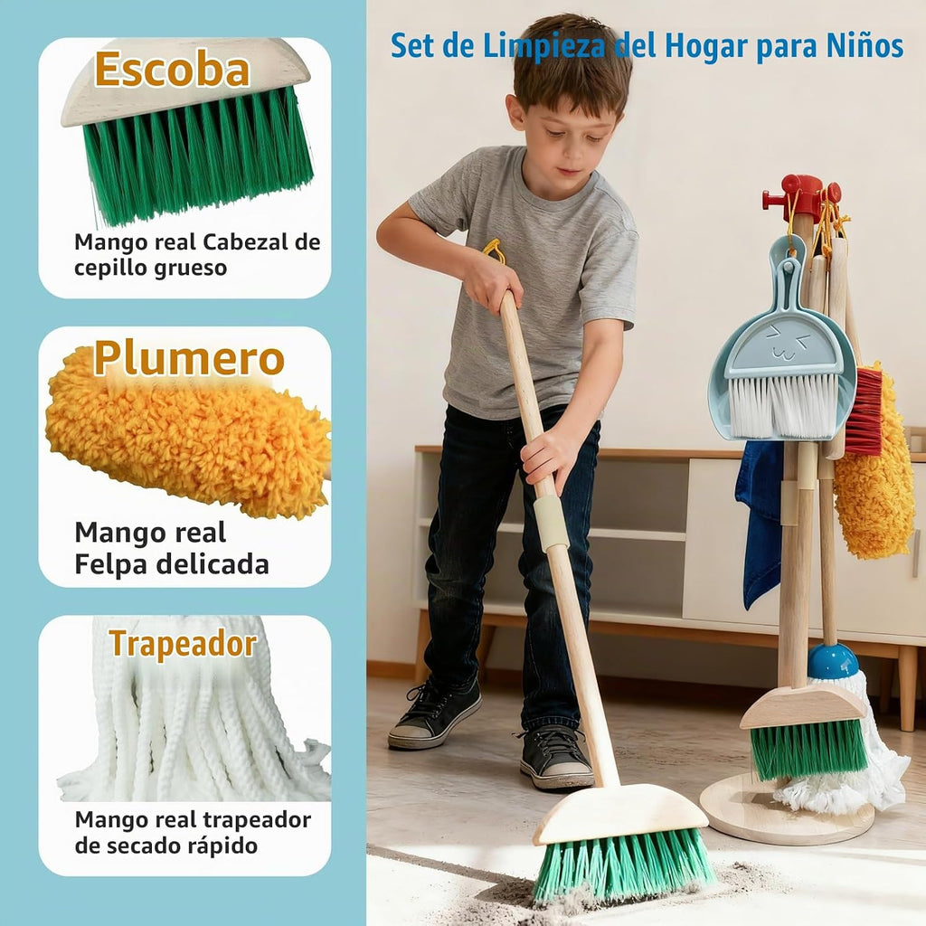 Juego de limpieza para niños, paquete de 8 unidades de limpieza de madera para tareas domésticas, incluye escoba, recogedor, escoba, recogedor, cepillos y soporte organizador, madera de haya maciza, juguetes de limpieza, regalo para niños y niñas de 3 a 8