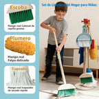 Juego de limpieza para niños, paquete de 8 unidades de limpieza de madera para tareas domésticas, incluye escoba, recogedor, escoba, recogedor, cepillos y soporte organizador, madera de haya maciza, juguetes de limpieza, regalo para niños y niñas de 3 a 8
