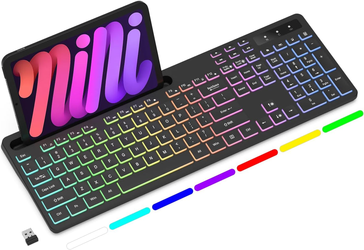 Soueto Teclado inalámbrico con retroiluminación RGB de 7 colores, t...