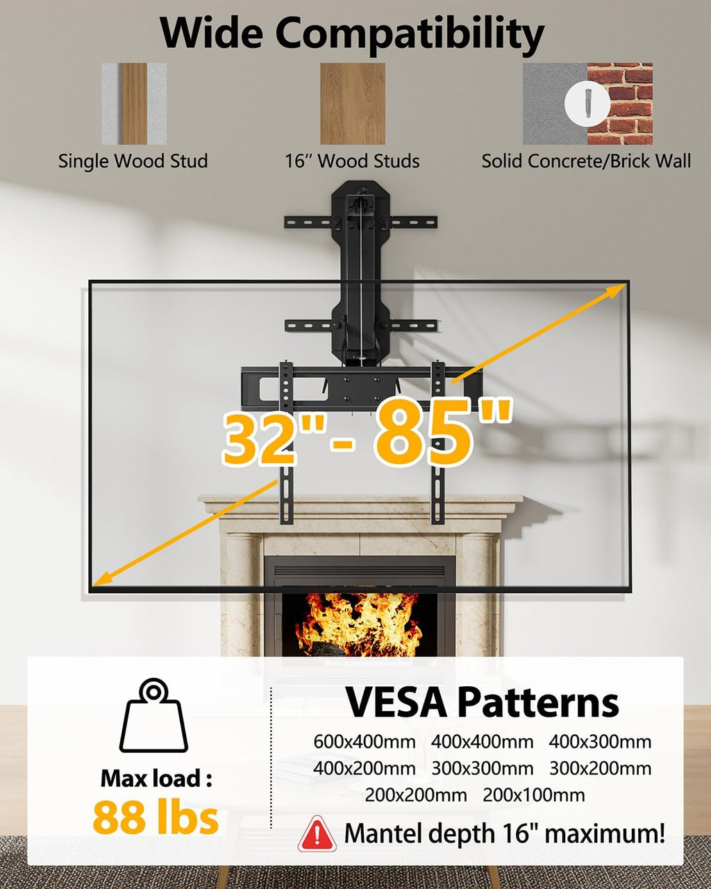 FORGING MOUNT Soporte de TV motorizado para chimenea con control remoto, soporte de TV de movimiento completo eléctrico para pantallas planas/curvas de 32″-85″, hasta 88 lbs, soporte para voltear y bajar para techo plano, VESA máximo 600x400 mm