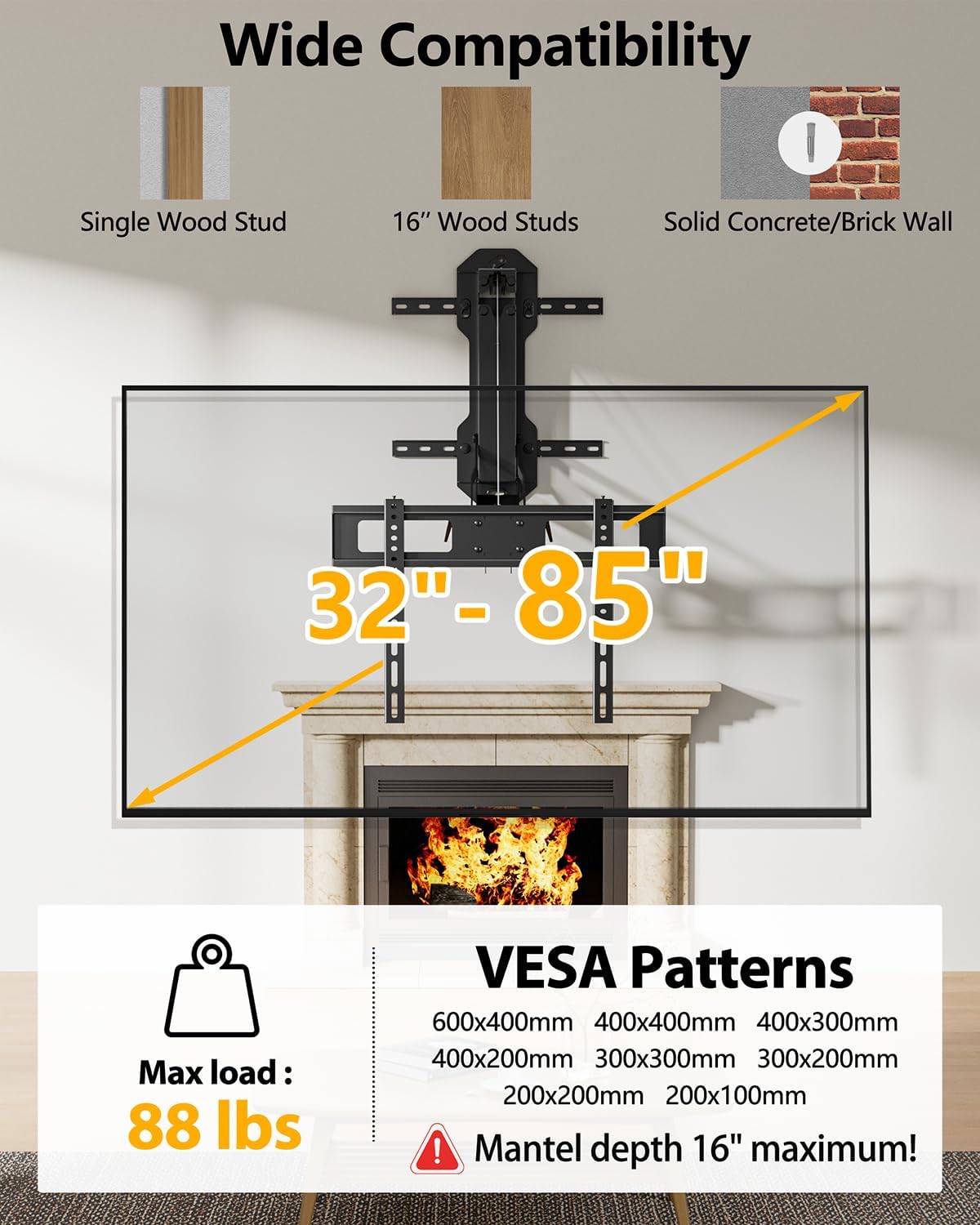 FORGING MOUNT Soporte de TV motorizado para chimenea con control remoto, soporte de TV de movimiento completo eléctrico para pantallas planas/curvas de 32″-85″, hasta 88 lbs, soporte para voltear y bajar para techo plano, VESA máximo 600x400 mm
