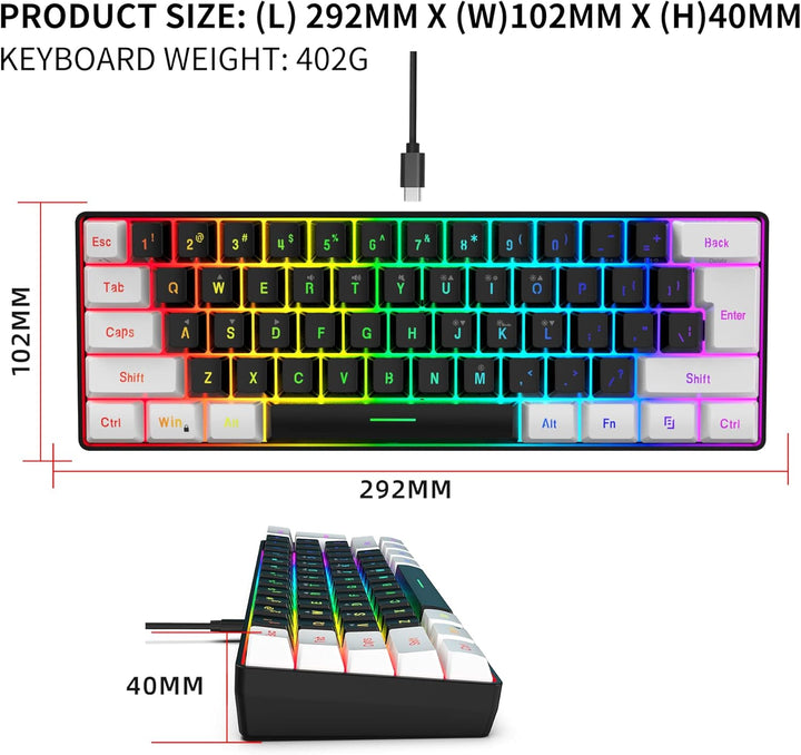 Snpurdiri 60% Teclado para videojuegos con cable, pequeño teclado p...