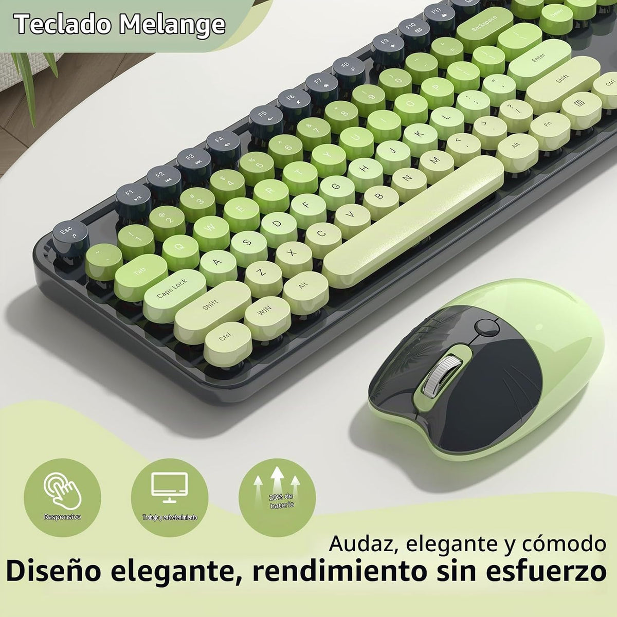 Teclado y ratón inalámbricos, MOFII con teclas redondas de 104 tecl...