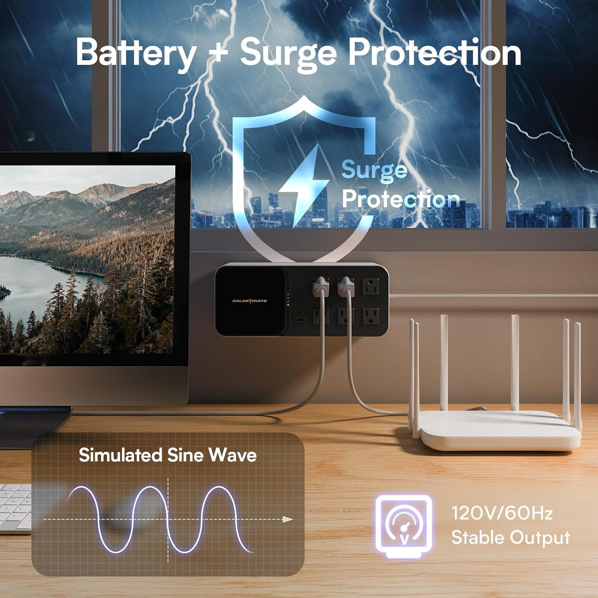 GOLDENMATE 600VA/360W Batería UPS de Litio Respaldo de Energía y Protector contra Sobrecargas