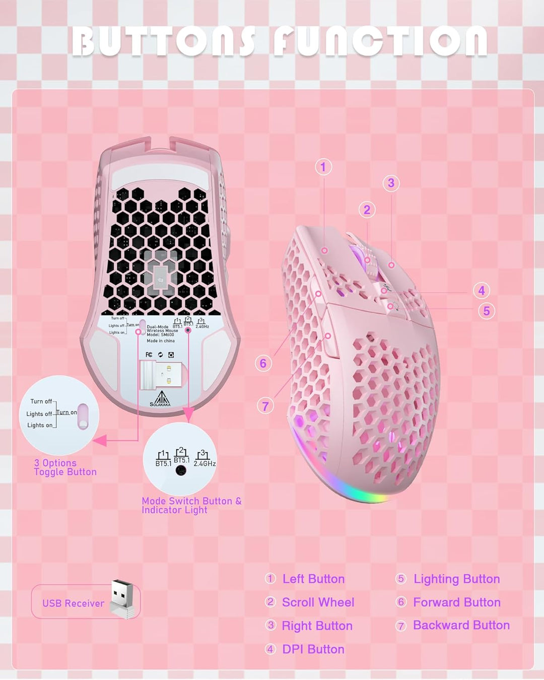 SOLAKAKA SM600 - Mouse inalámbrico rosa para juegos con carcasa de...