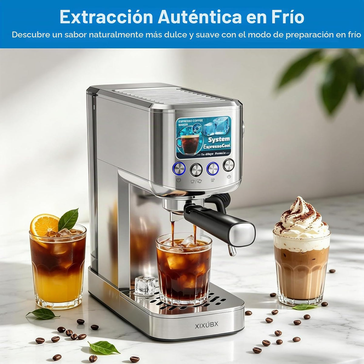 XIXUBX Máquina de café expreso en frío con espumador de leche, gris