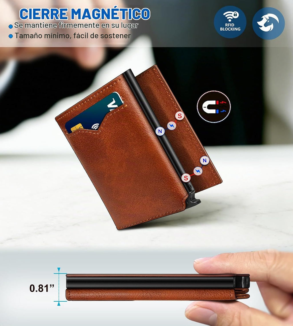 Cartera para hombre, tarjetero desplegable delgado con bloqueo RFID, billetera triple minimalista con 10 ranuras para tarjetas, bolsillo para efectivo y 2 ventanas para identificación, funda