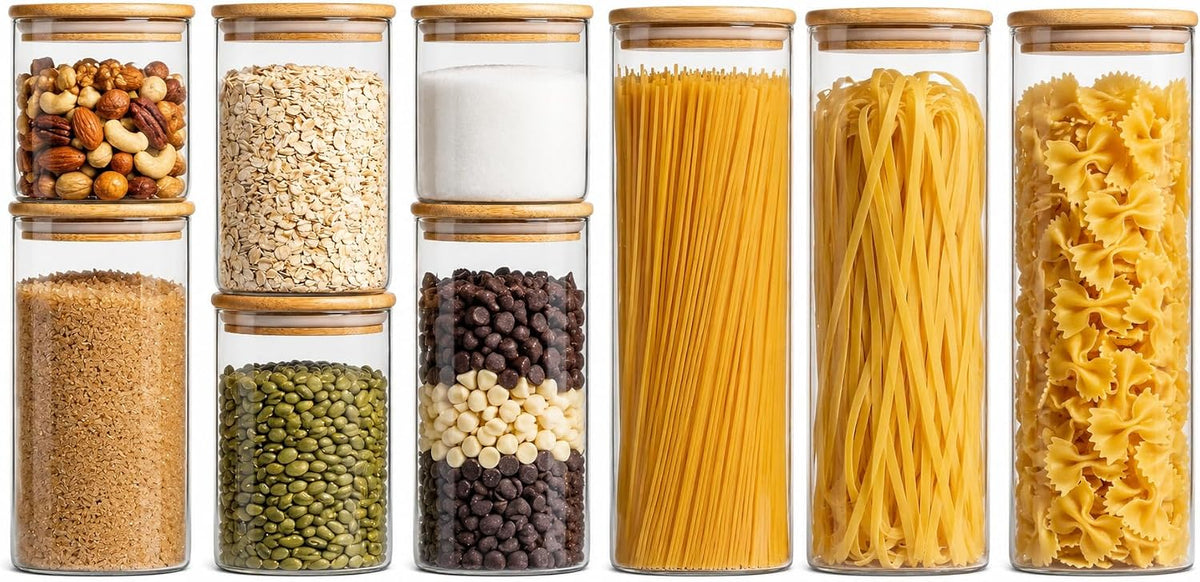 Contenedores herméticos de vidrio con tapas, paquete de 9 recipientes de almacenamiento de despensa y pasta, 25/37/51/78 onzas, juego de recipientes cuadrados de cocina para harina, azúcar