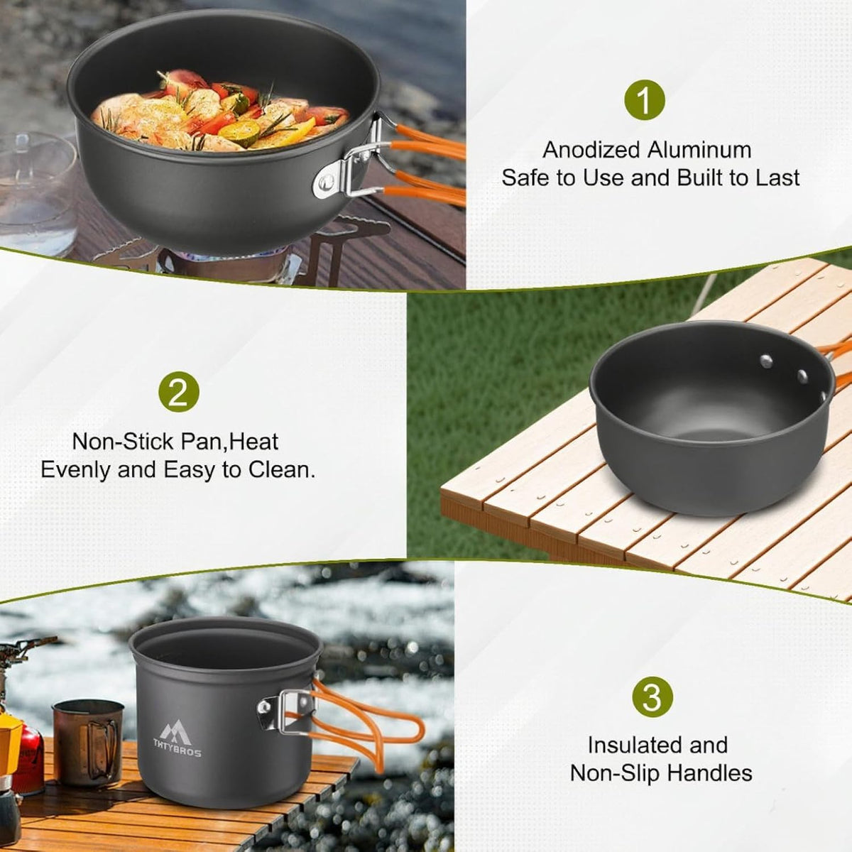 Juego de utensilios de cocina para acampar Backpacking, ollas de 0.33Gal y sartenes de 0.17Gal, taza SUS304 de 0.08Gal, tenedores, cuchillos y cucharas para senderismo, camping, cocina al aire libre, picnic, camping en solitario
