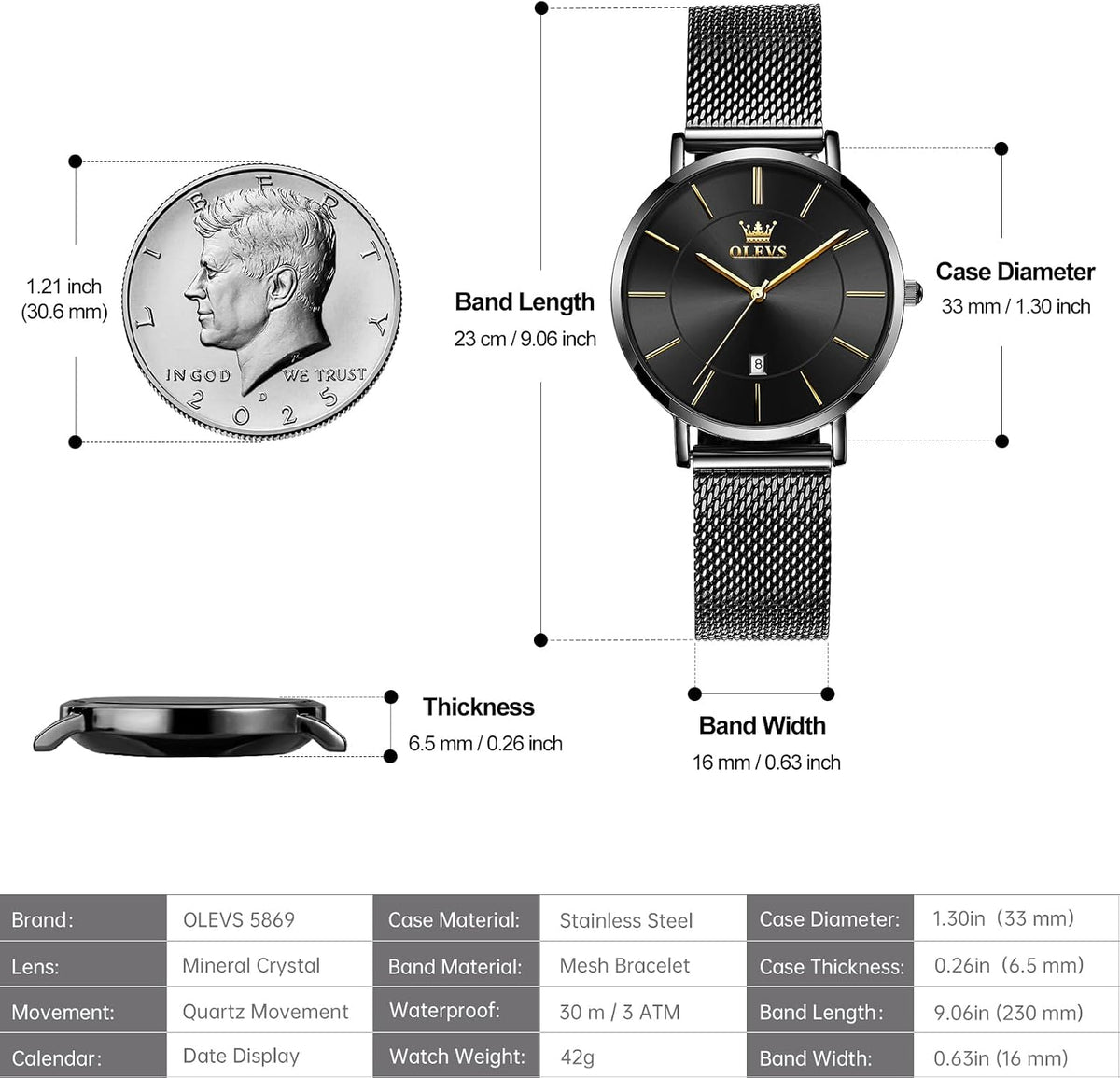 OLEVS Reloj de pulsera de malla para mujer, elegante cara grande de tres manecillas analógicas de cuarzo, reloj de pulsera femenino elegante y delgado con pantalla de fecha impermeable, relojes para