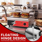 CROSSON Parrilla Panini eléctrica comercial plana con certificación ETL de 15 x 11 pulgadas, placa superior con bisagras de nivelación automática Panini Press Sandwitch Maker
