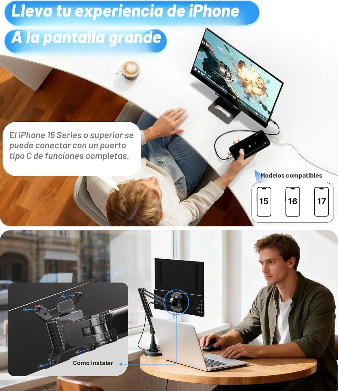 Ingnok Monitor portátil para portátil, extensor de pantalla USB C d...