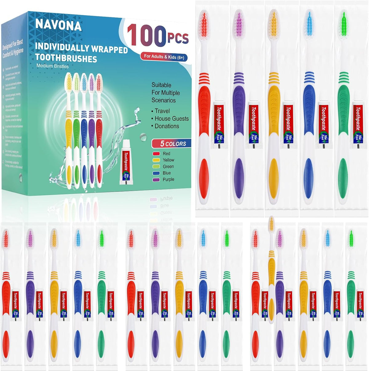 Navona 100 PCS Cepillos de Dientes Desechables con Pasta de Dientes a Granel