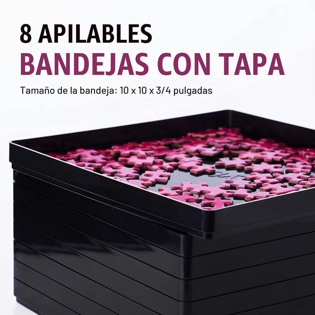 8 bandejas de clasificación de rompecabezas negras con tapa de 10 x 10 pulgadas | Organizadores de rompecabezas y almacenamiento | para rompecabezas de hasta 2000 piezas