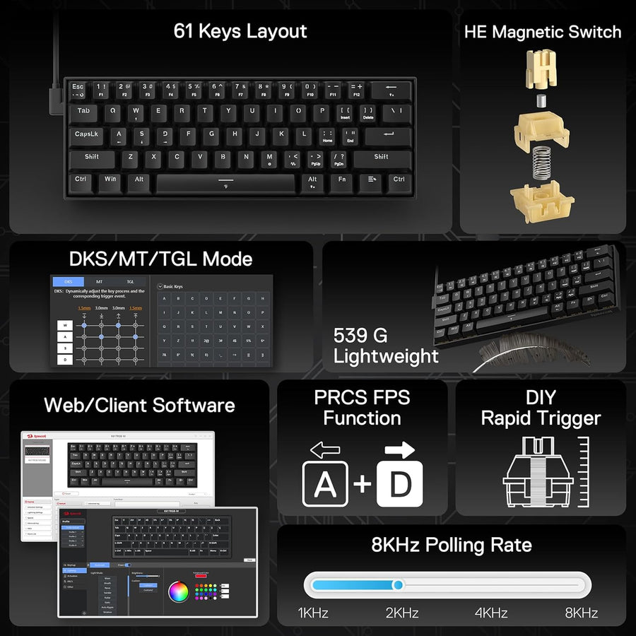 Redragon K617 HE Teclado Gaming de Activación Rápida, 60% 61 Teclas...