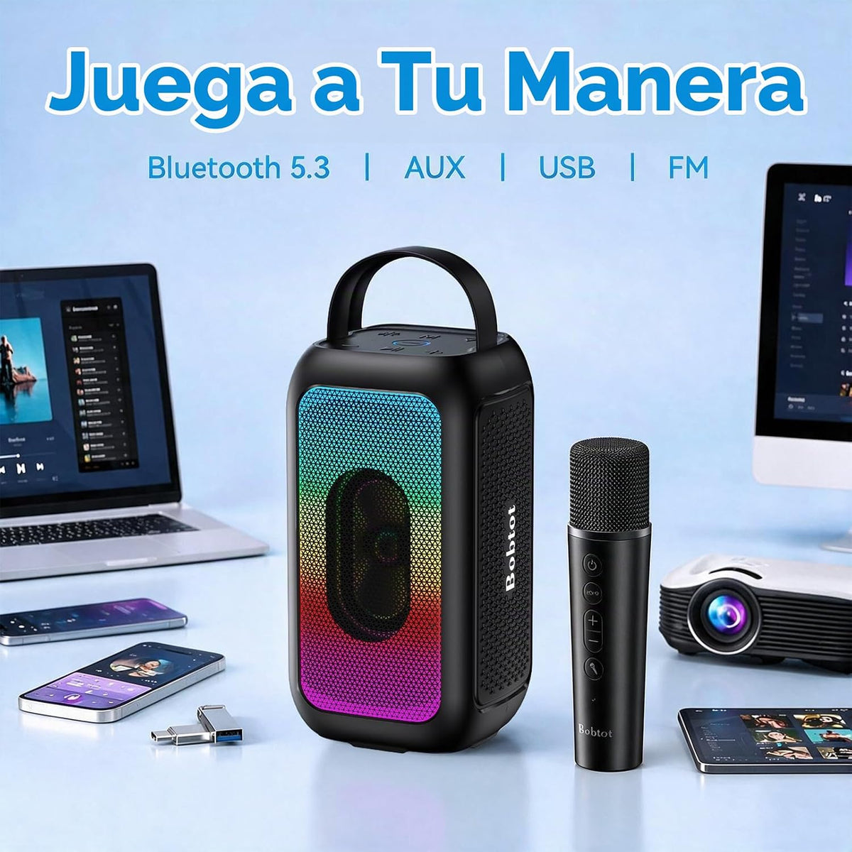 Bobtot Altavoz Bluetooth portátil con micrófono inalámbrico, negro