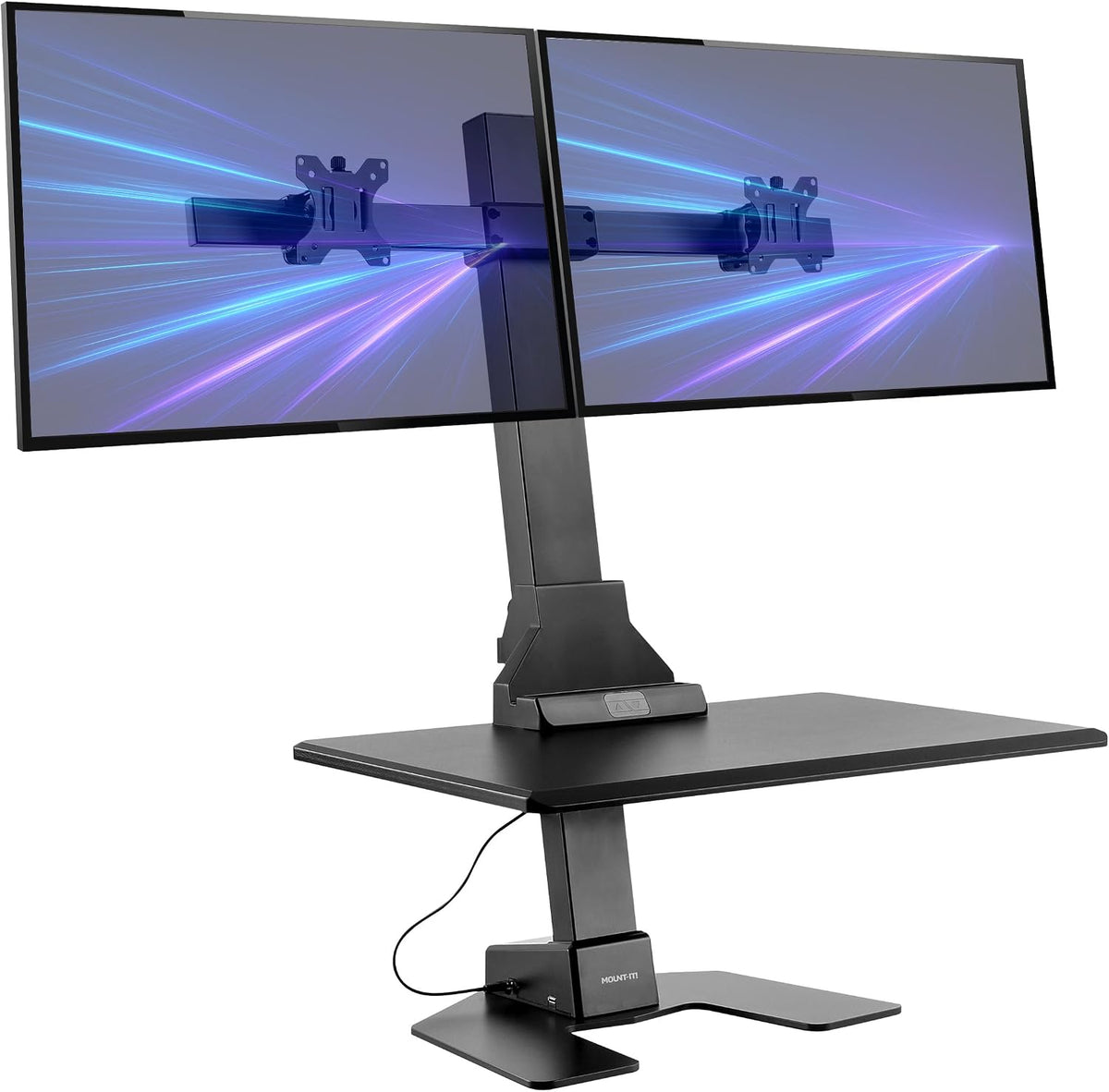 Lámpara Mount-It! Convertidor de escritorio de pie con doble monitor eléctrico - Soporte para 2 pantallas; escritorio ajustable en altura y 2 montajes para pantallas de hasta 32 pulgadas; convertidor
