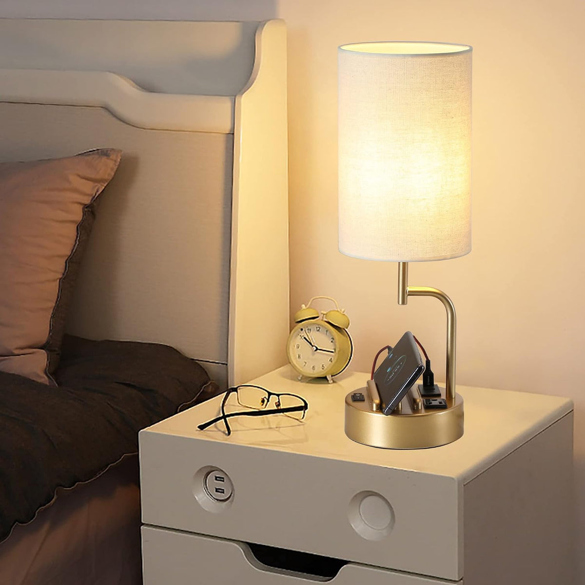 Lámpara Dreamholder - 2 lámparas de mesa con 3 puertos de carga USB, moderna lámpara de escritorio con toma de corriente alterna y soportes para teléfono, para dormitorio, sala de estar y oficina, dorado