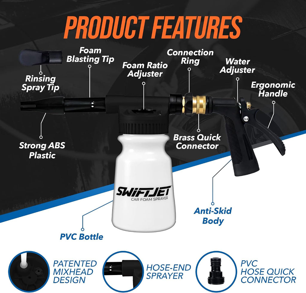 SwiftJet Pistola de espuma para lavado de autos + guante de microfibra – Funciona con cualquier jabón – Pulverizador de espuma para manguera de jardín – Kit de lavado de coche de cañón de espuma – Accesorios de coche Pistola de espuma negra con manopla