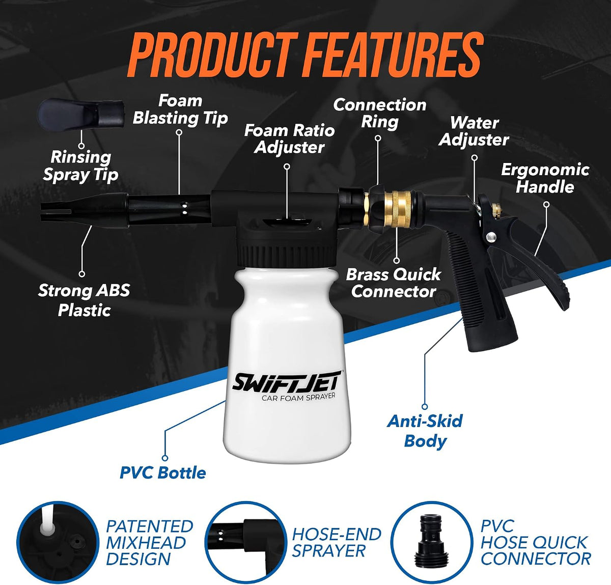 SwiftJet Pistola de espuma para lavado de autos + guante de microfibra – Funciona con cualquier jabón – Pulverizador de espuma para manguera de jardín – Kit de lavado de coche de cañón de espuma – Accesorios de coche Pistola de espuma negra con manopla