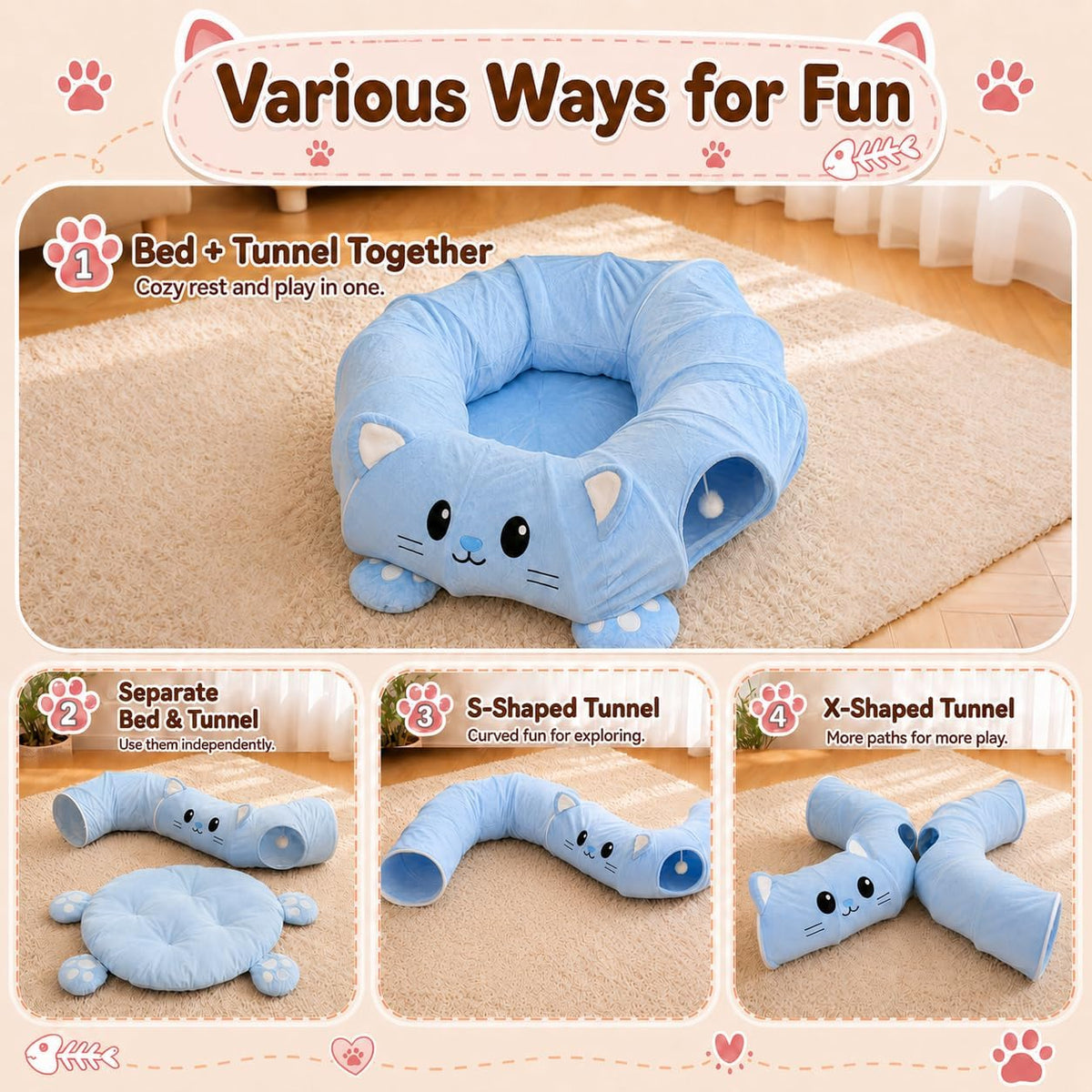 Cama túnel para gatos con 21 juguetes interactivos