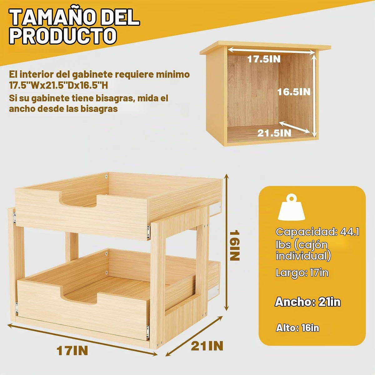 Organizador de gabinete extraíble, 17''A×21''P×16''A cajones extraíbles de madera con deslizamiento y cierre suave, organizador de gabinete de madera deslizable de doble nivel, para organización de