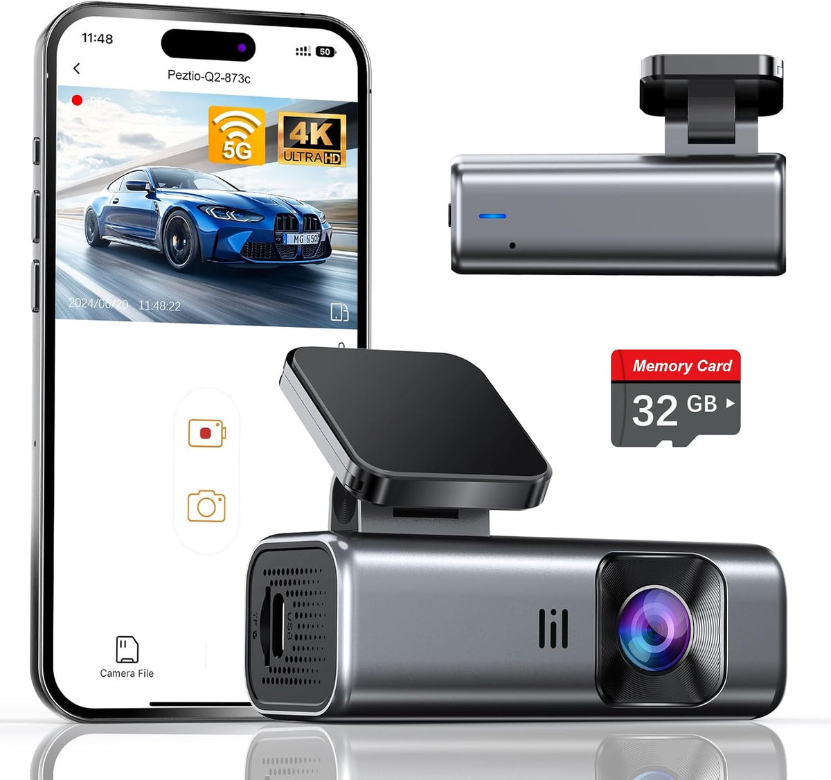 Cámara de tablero 4K frontal, WiFi de 5 GHz, tarjeta de 32 GB incluida, cámara de salpicadero mini