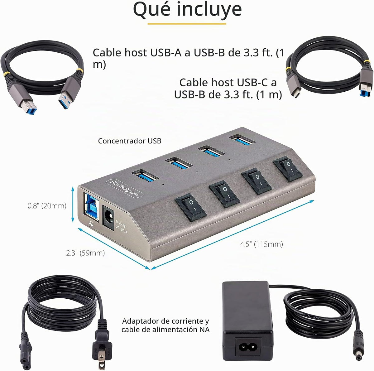 StarTech.com, 5G4AIBS-USB-HUB-NA, hub USB 2.0 de 4 puertos, alimentado