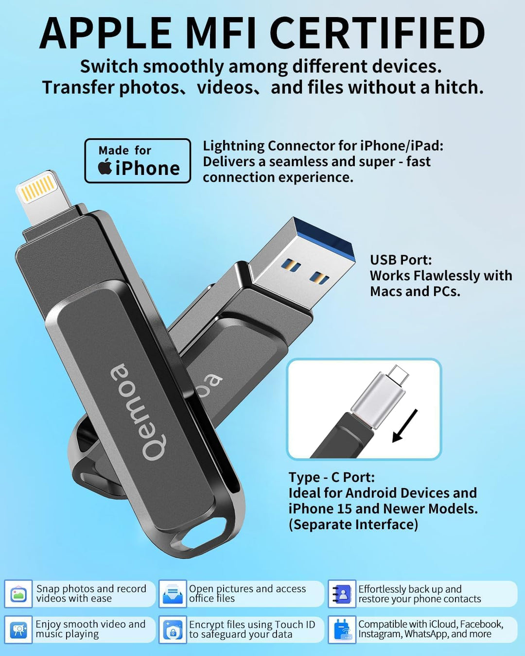 Memoria externa de 256 GB con certificación MFi para iPhone, almace...