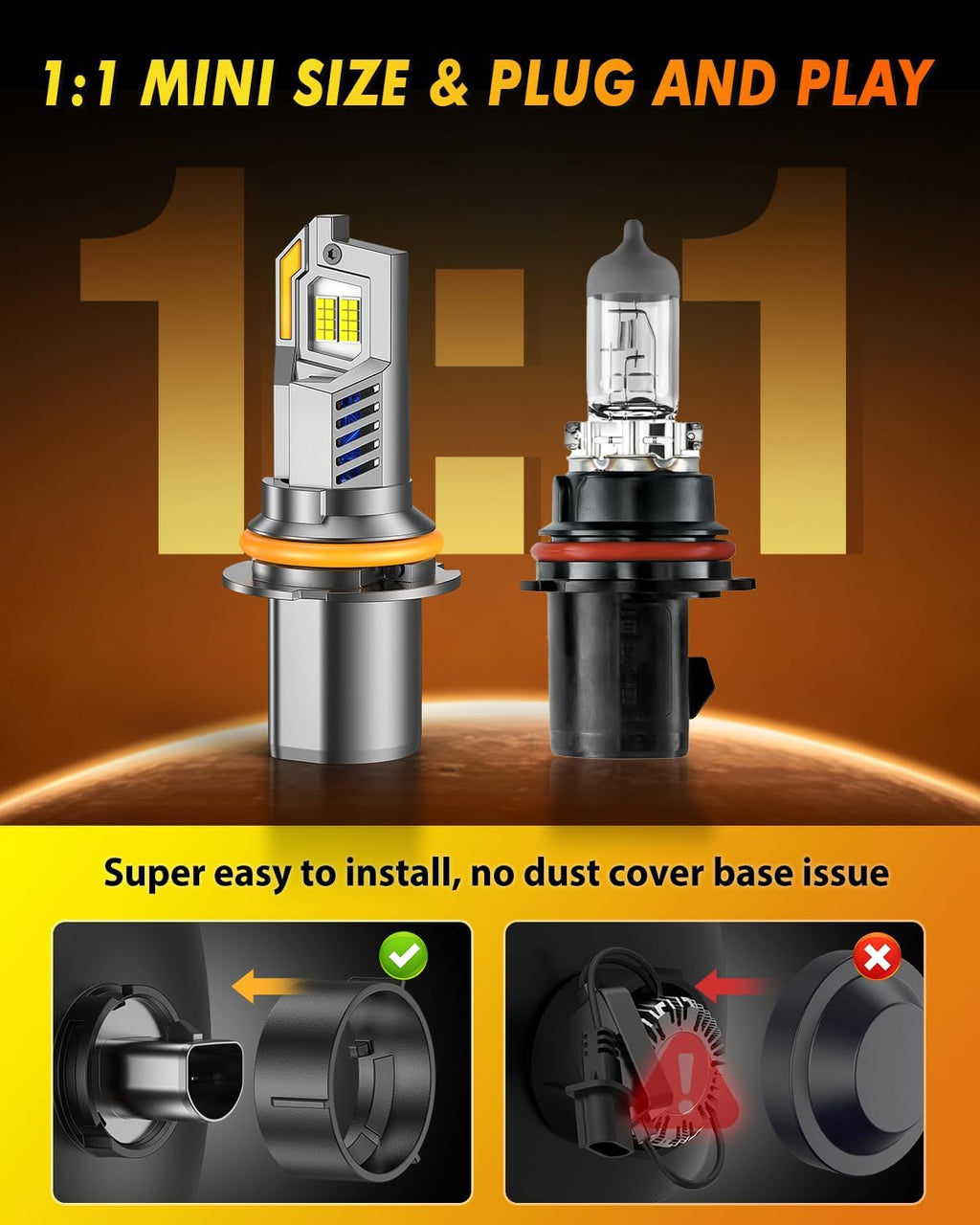Termitor Bombillas 9004 HB1 de haz alto/bajo, 800% brillo blanco 6500K, tamaño halógeno verdadero 1:1, más de 95000 horas de vida útil, 3 minutos Plug-N-Play 9004 luces antiniebla con ventilador de